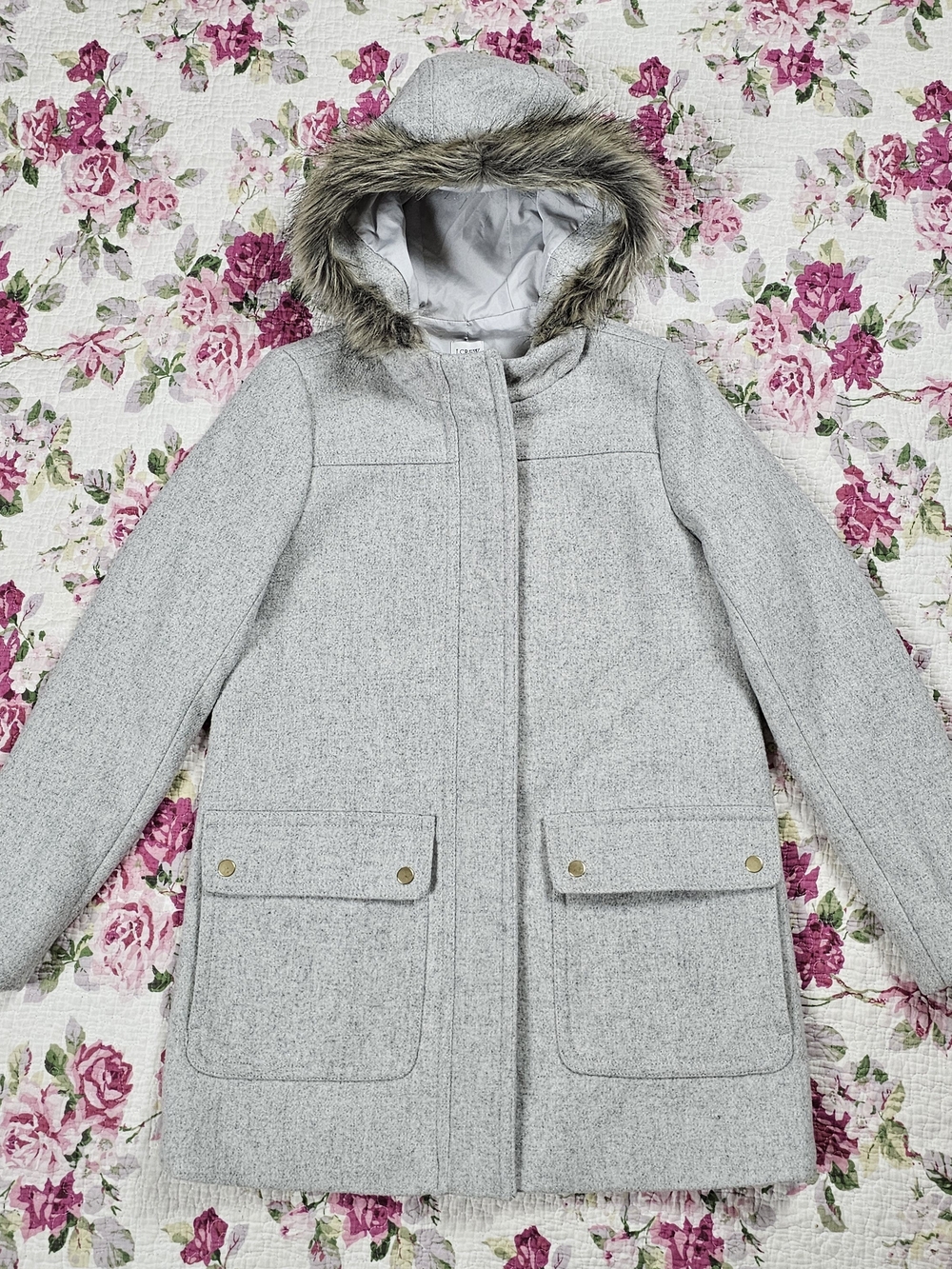J.Crew Women's Gray Hooded Parka Coat Faux Fur Trim Zip/Snap Mid-Length 4 NWT